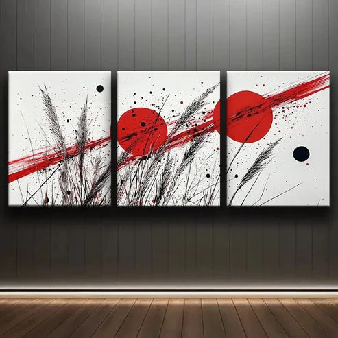 3pcs Colorful Red Line & Black Dot Design Wall Art Set Canvas Unframed - High Quality Print 100% Australian Made Wall Canvas - Bella Home Decor