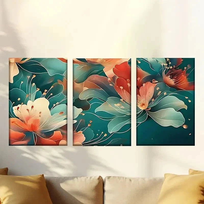 3pcs a bunch of flowers on a blue background Wall Art Set Canvas Framed 60x90cm - High Quality Print 100% Australian Made Wall Canvas Ready to Hang - Bella Home Decor