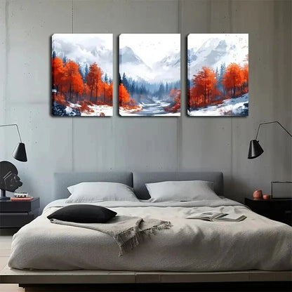 3pcs Red Trees & Misty Valley Snow Perfect Wall Art Set Canvas Framed 60x90cm - High Quality Print 100% Australian Made Wall Canvas Ready to Hang - Bella Home Decor