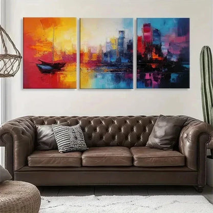 3pcs Vibrant Abstract Cityscape Sunset Perfect Wall Art Set Canvas Unframed - High Quality Print 100% Australian Made Wall Canvas