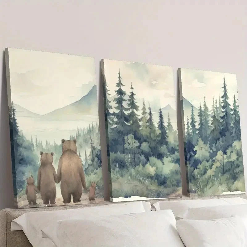 3pcs Bear Family in the Forest Wall Art Set Canvas Framed 50x70cm - High Quality Print 100% Australian Made Wall Canvas Ready to Hang - Bella Home Decor