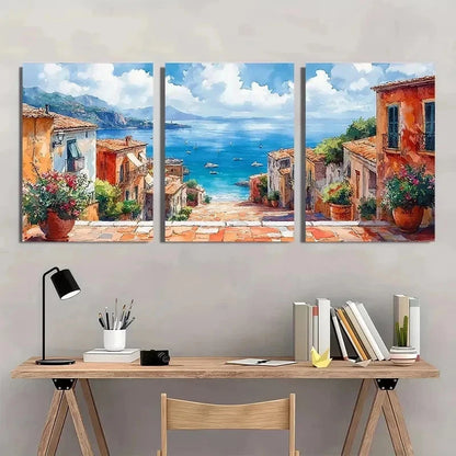 3pcs Street Scene Watercolor Coastal Perfect Wall Art Set Canvas Framed 60x90cm - High Quality Print 100% Australian Made Wall Canvas Ready to Hang - Bella Home Decor