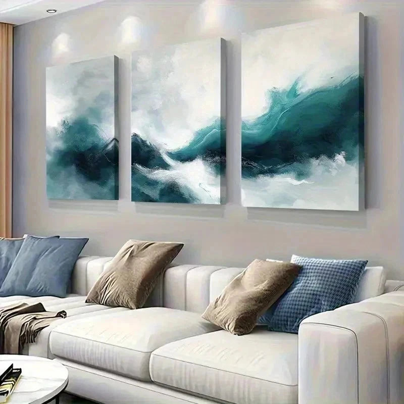 3pcs Teal And White Seascape Abstract Wall Art Set Canvas Framed 60x90cm - High Quality Print 100% Australian Made Wall Canvas Ready to Hang