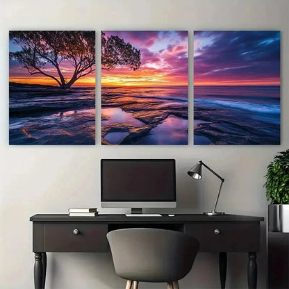 3pcs Sunset Beach Perfect Vibrant Ocean Sunrise Wall Art Set Canvas Framed 50x70cm - High Quality Print 100% Australian Made Wall Canvas Ready to Hang