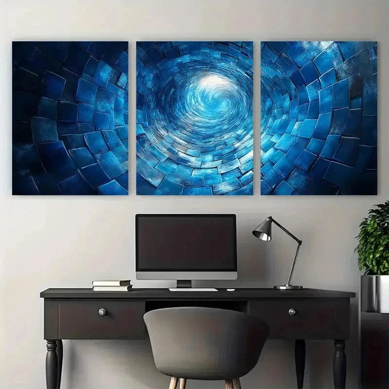 3pcs Mesmerizing Blue Swirling Squares Perfect Wall Art Set Canvas Framed 50x70cm - High Quality Print 100% Australian Made Wall Canvas Ready to Hang
