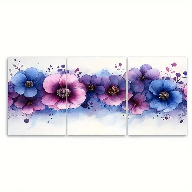 3pcs Purple and Blue Splash Print ER  Wall Art Set Canvas Framed 50x70cm - High Quality Print 100% Australian Made Wall Canvas Ready to Hang - Bella Home Decor