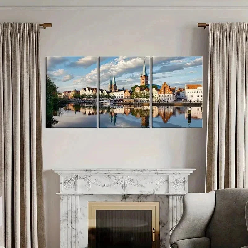 3pcs European Town Landscape with River Wall Art Set Canvas Framed 40x60cm - High Quality Print 100% Australian Made Wall Canvas Ready to Hang - Bella Home Decor