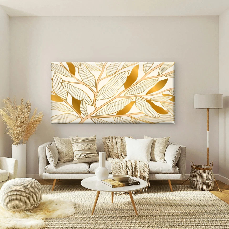 Golden Leaf Pattern Art Wall Art Canvas Office Home Room Framed 120x60cm - Bella Home Decor