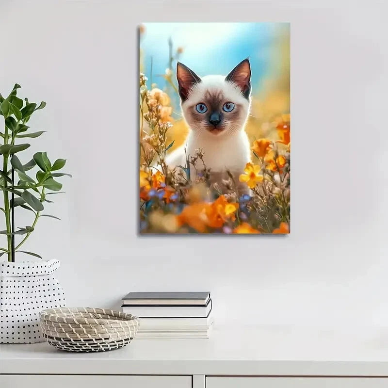 Flowers And Plants Cute Siamese Kitten Painting 40x60cm Metal Print Ready to Hang