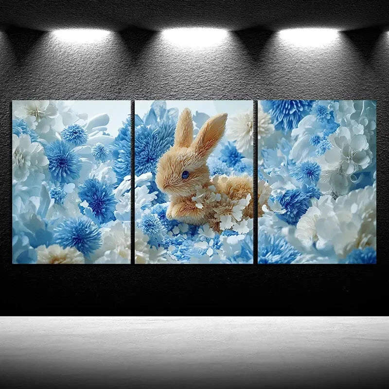 3pcs The Rabbit In The Flower Bushes Metal Print Ready to Hang Art