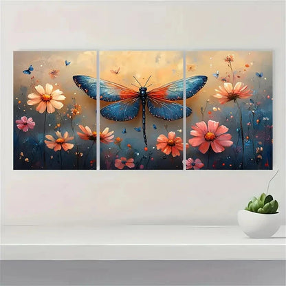3pcs Dragonfly Painting Wildflowers TY     Wall Art Set Canvas Framed 60x90cm - High Quality Print 100% Australian Made Wall Canvas Ready to Hang - Bella Home Decor