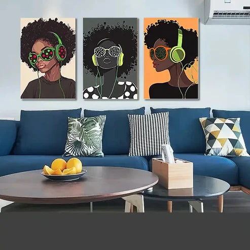 3pcs Girl with Headphones Modern Wall Art Canvas Unframed - High Quality Print 100% Australian Made Wall Canvas - Bella Home Decor
