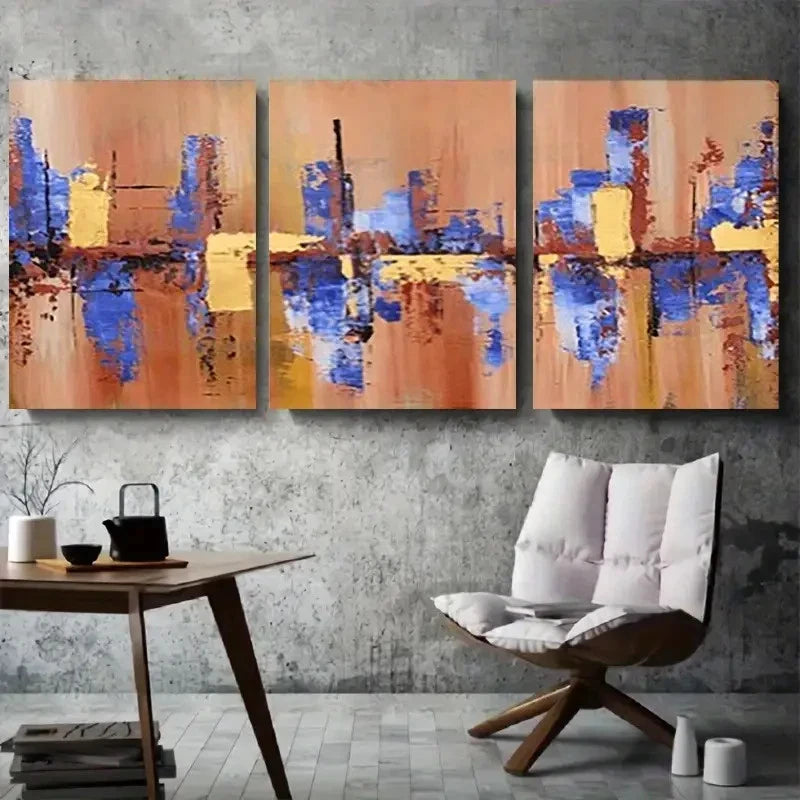 3pcs Geometric Design Blue and Yellow Colorful Metal Print Ready to Hang Art - Bella Home Decor