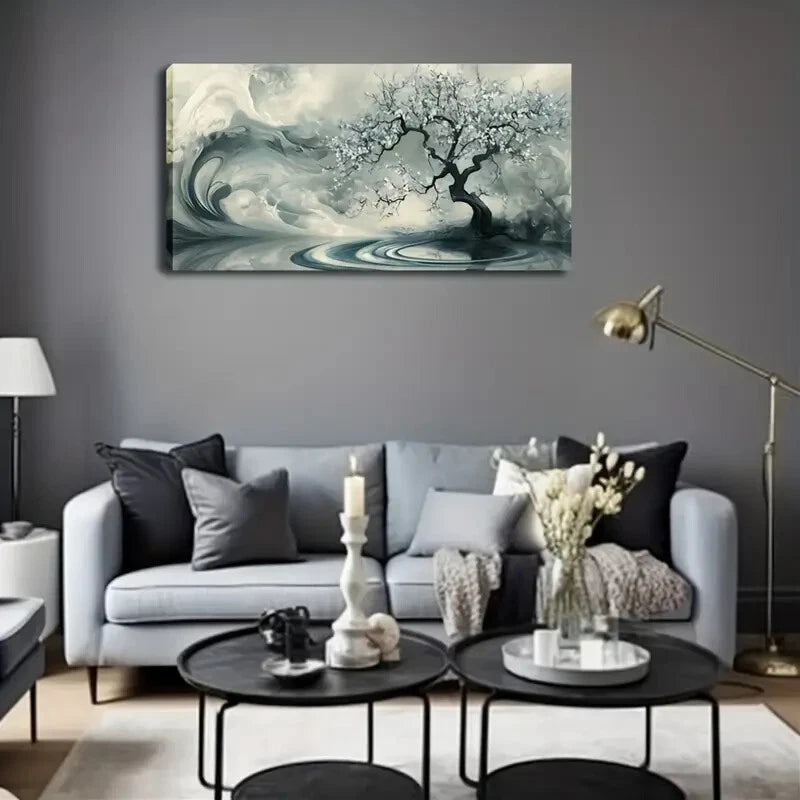 Tree White Flowers Right Side Wall Art Canvas Office Home Room Framed 120x60cm - Bella Home Decor