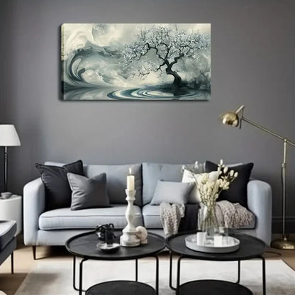 Tree White Flowers Right Side Wall Art Canvas Office Home Room Framed 120x60cm - Bella Home Decor