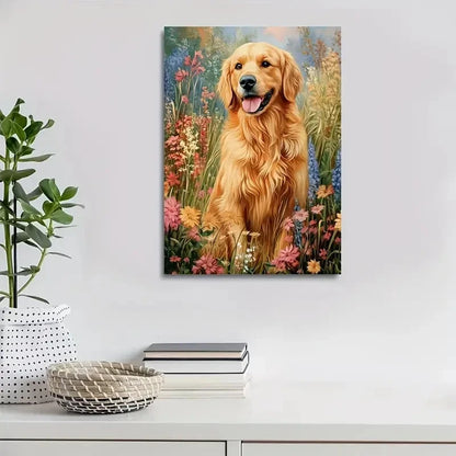 Beautiful Golden Retriever Dog Vibrant Floral  40x60cm Metal Print Ready to Hang - Bella Home Decor