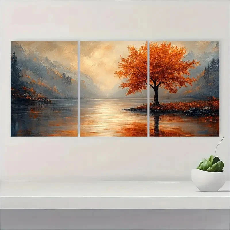 3pcs Tree River Painting Soft Beige, Orange OB Wall Art Set Canvas Framed 40x60cm - High Quality Print 100% Australian Made Wall Canvas Ready to Hang - Bella Home Decor