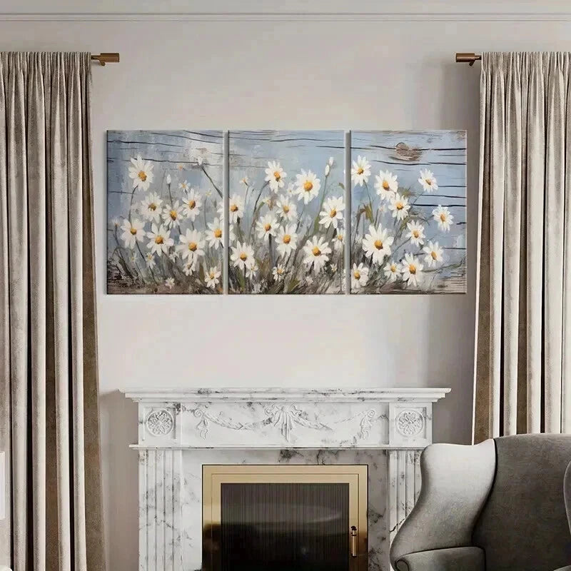 3pcs Blue Background with White & Yellow Petals Wall Art Set Canvas Framed 40x60cm - High Quality Print 100% Australian Made Wall Canvas Ready to Hang - Bella Home Decor