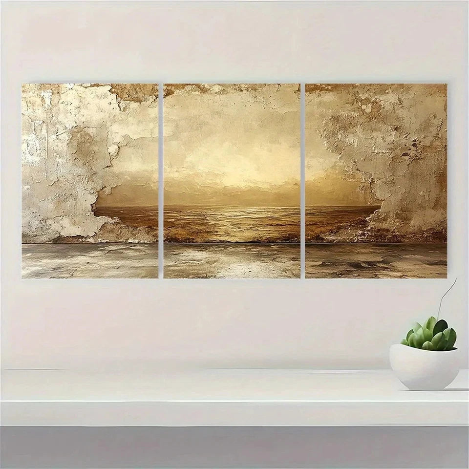 3pcs Abstract Artistic Beige Texture Painting Metal Print Ready to Hang Art - Bella Home Decor