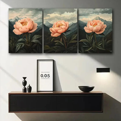 3pcs Elegant Peony Rose Themed Floral Metal Print Ready to Hang Art - Bella Home Decor