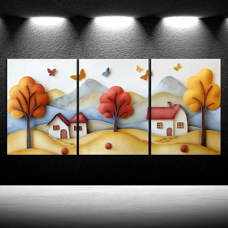 3pcs Colourful Mountains And Cabins Metal Print Ready to Hang Art - Bella Home Decor
