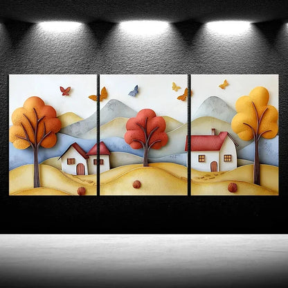 3pcs Colourful Mountains And Cabins Metal Print Ready to Hang Art - Bella Home Decor