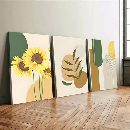 3pcs Sunflower Boho Style Green Leaves Yellow Wall Art Canvas Unframed - High Quality Print 100% Australian Made Wall Canvas