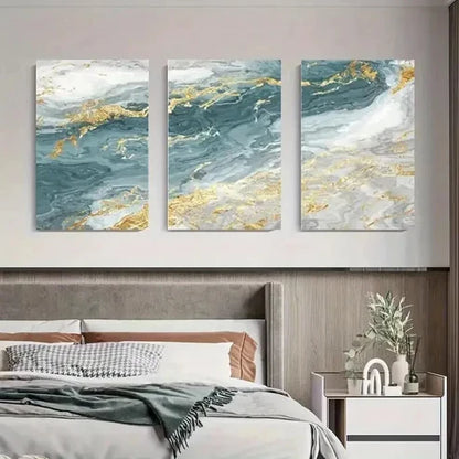 3pcs Abstract Marble Blue & Golden Swirls Art Set Canvas Unframed - High Quality Print 100% Australian Made Wall Canvas