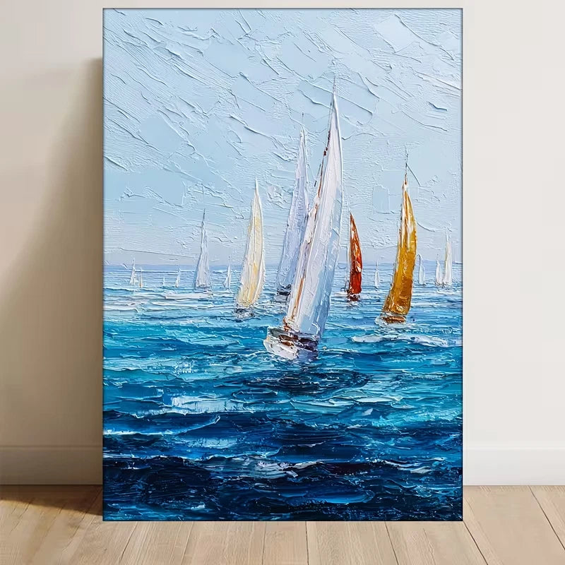 Ocean Seascape with White, Yellow, Red Sailboats Metal Print Ready to Hang