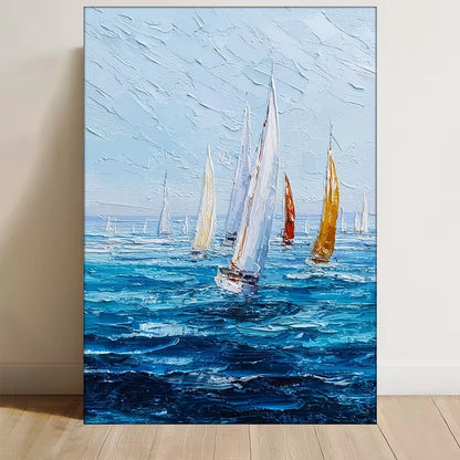 Ocean Seascape with White, Yellow, Red Sailboats Metal Print Ready to Hang