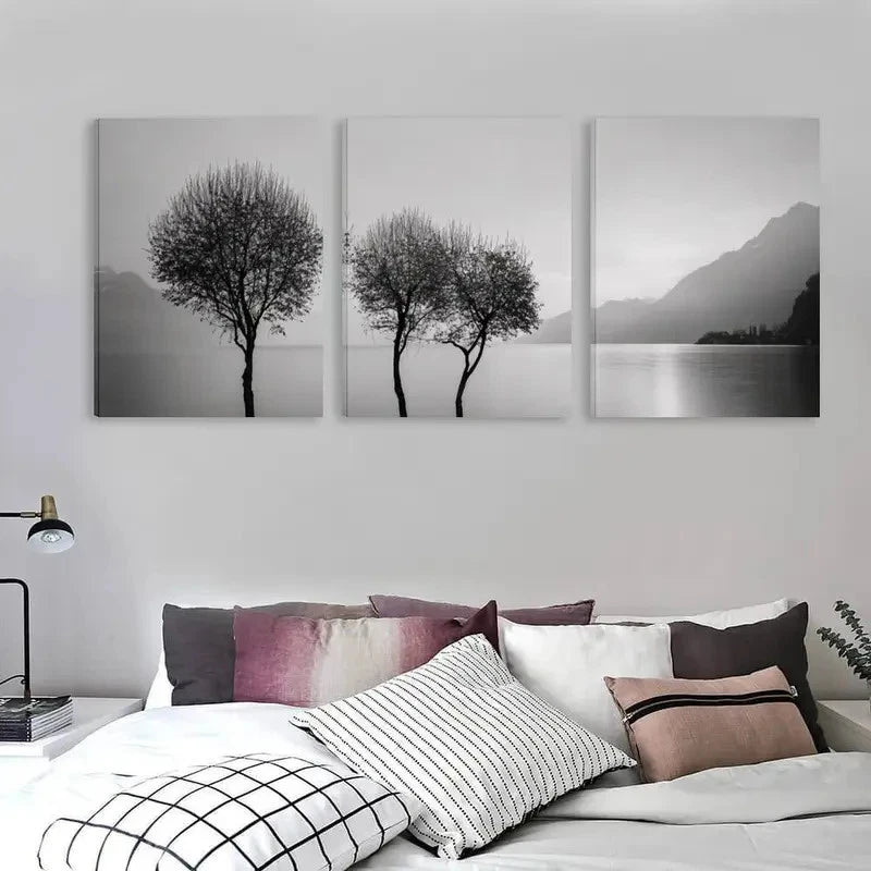 3pcs Black & White Three Trees by the Lake Wall Art Set Canvas Framed 60x90cm - High Quality Print 100% Australian Made Wall Canvas Ready to Hang - Bella Home Decor