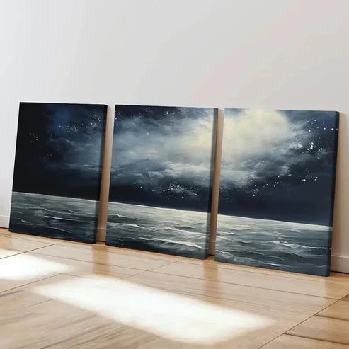 3pcs Moonlit Ocean Waves Dark Sky Clouds Night Wall Art Canvas Unframed - High Quality Print 100% Australian Made Wall Canvas