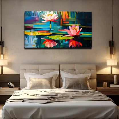 Vibrant Water Lily And Lily Pad Wall Art Canvas Office Home Room Framed 120x60cm