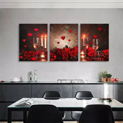 3pcs Romantic Red Roses Wine Glasses Perfect Art Set Canvas Unframed - High Quality Print 100% Australian Made Wall Canvas