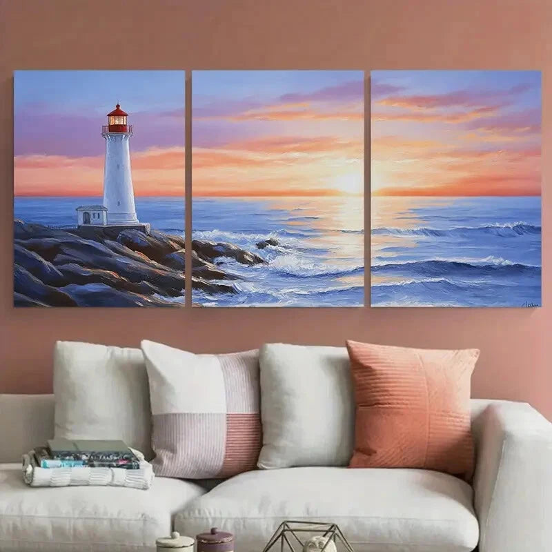 3pcs Lighthouse Sunset Coastal Metal Print Ready to Hang Art - Bella Home Decor