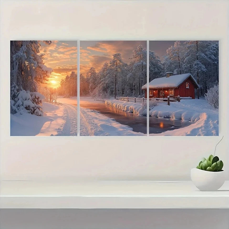 3pcs Winter Wonderland Scene Snow Sunset Metal Print Ready to Hang Art - Bella Home Decor