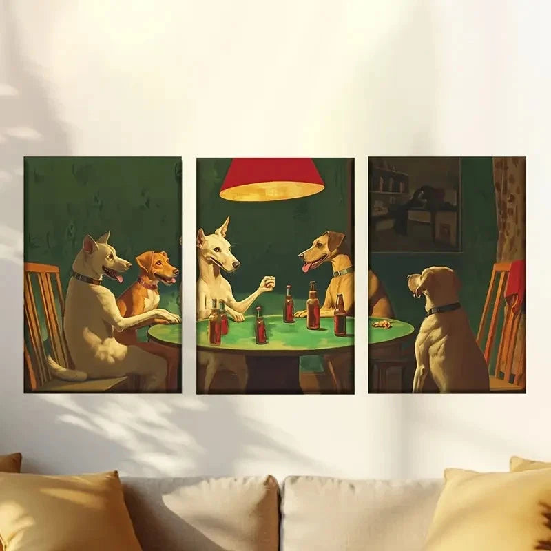 3pcs Stylish Puppy Drinking Wine & Fist Pumping Wall Art Set Canvas Framed 60x90cm - High Quality Print 100% Australian Made Wall Canvas Ready to Hang