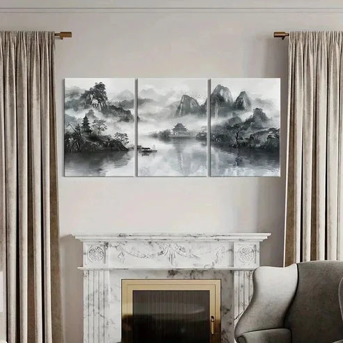 3pcs Black & White Chinese Landscape Wall Art Canvas Unframed - High Quality Print 100% Australian Made Wall Canvas - Bella Home Decor