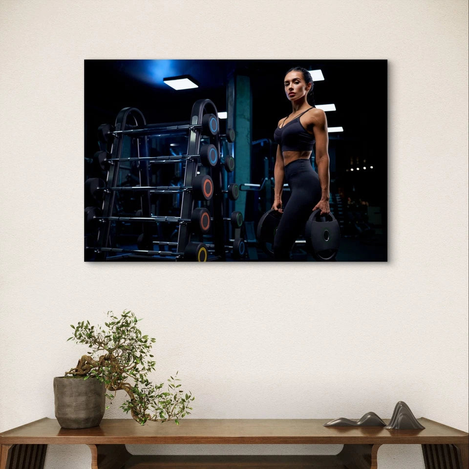 Athletic Woman Holding Gym Weights 5mm Plastic Poster Ready to Hang 90x60cm