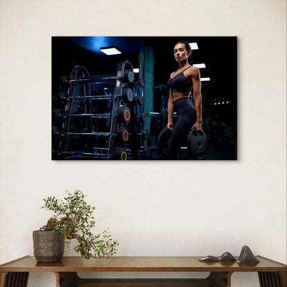 Athletic Woman Holding Gym Weights 5mm Plastic Poster Ready to Hang 90x60cm
