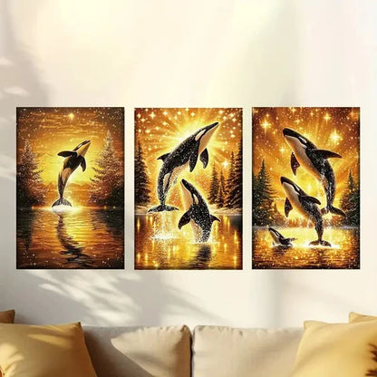 3pcs Whale Family in Golden Sunset Scene Wall Art Canvas Unframed - High Quality Print 100% Australian Made Wall Canvas