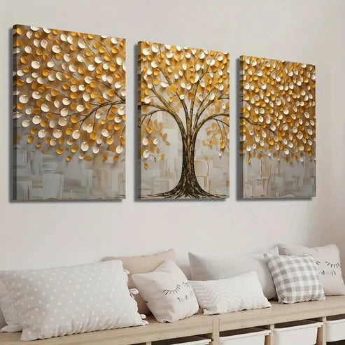 3pcs Golden Black and White Tree Texture Wall Art Set Canvas Unframed - High Quality Print 100% Australian Made Wall Canvas - Bella Home Decor