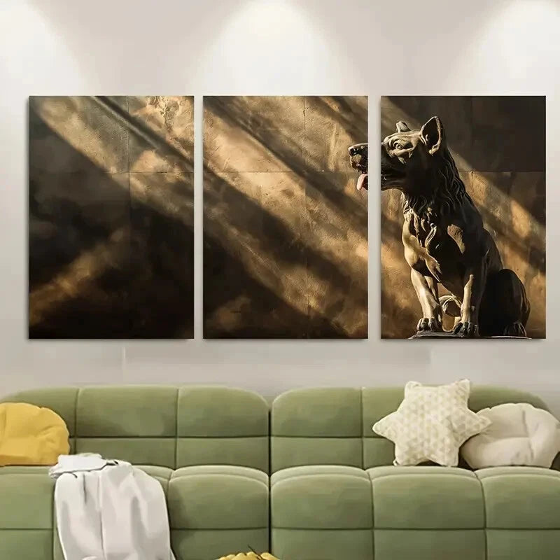 3pcs Cerberus Statue Under Dramatic Sunlight Metal Print Ready to Hang Art - Bella Home Decor