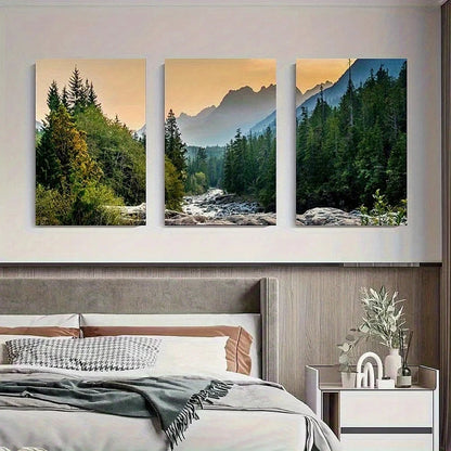 Three landscape paintings above a bed in a bedroom setting.