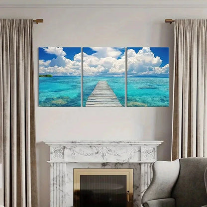 3pcs Australian Palm Beach Sea, White Clouds Wall Art Set Canvas Framed 50x70cm - High Quality Print 100% Australian Made Wall Canvas Ready to Hang - Bella Home Decor