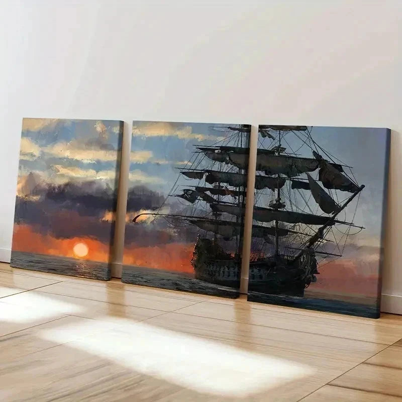 3pcs Vintage Nautical Pirate Ship in Sunset Wall Art Set Canvas Framed 60x90cm - High Quality Print 100% Australian Made Wall Canvas Ready to Hang