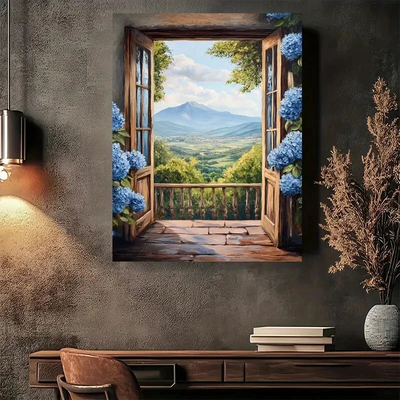 Beautiful Open Window To Serene Valley Painting 40x60cm Metal Print Ready to Hang - Bella Home Decor