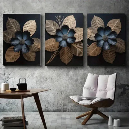 3pcs Golden Leaves, Black Flowers  Wall Art Set Canvas Unframed - High Quality Print 100% Australian Made Wall Canvas - Bella Home Decor
