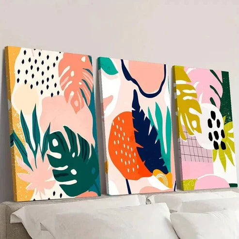 3pcs Cartoon Tropical Plant Leaf Ink Painting Wall Art Set Canvas Unframed - High Quality Print 100% Australian Made Wall Canvas - Bella Home Decor