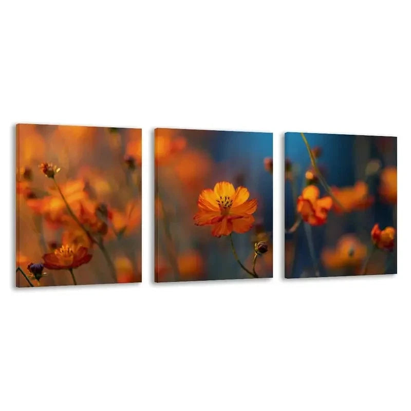 3pcs Blurred Background of Orange Wildflowers  Wall Art Set Canvas Framed 40x60cm - High Quality Print 100% Australian Made Wall Canvas Ready to Hang - Bella Home Decor